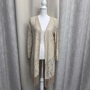 Lace Fringe Open-Front Cardigan - Cream